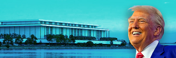 Trump laughing in front of the Kennedy Center